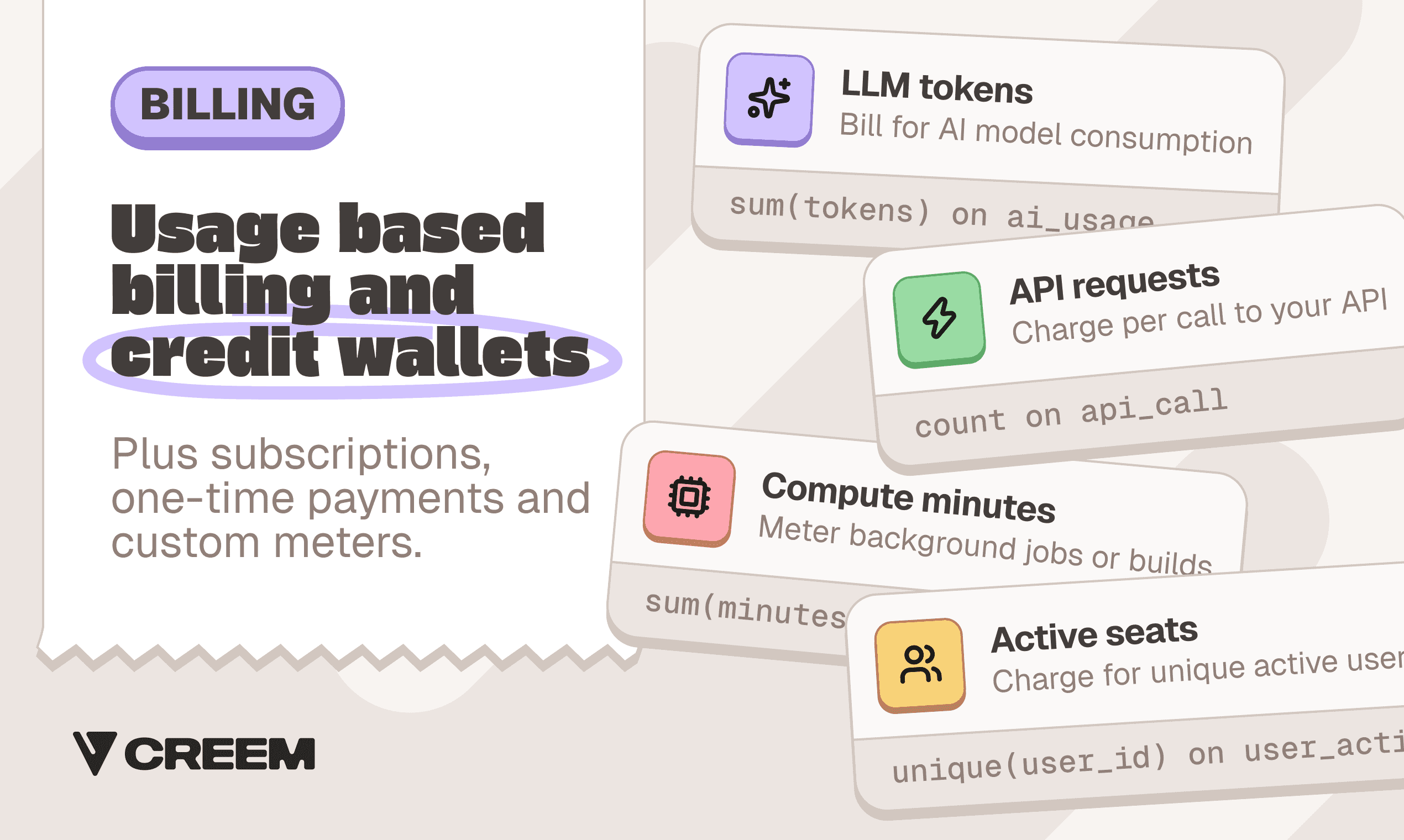 Usage based billing and credit wallets: meter tokens, API calls, compute, seats.