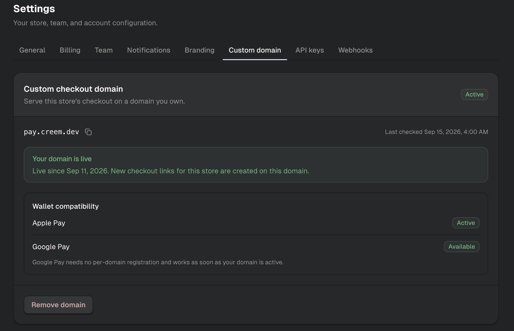 Custom domain checkout: your brand, from product page to payment complete.