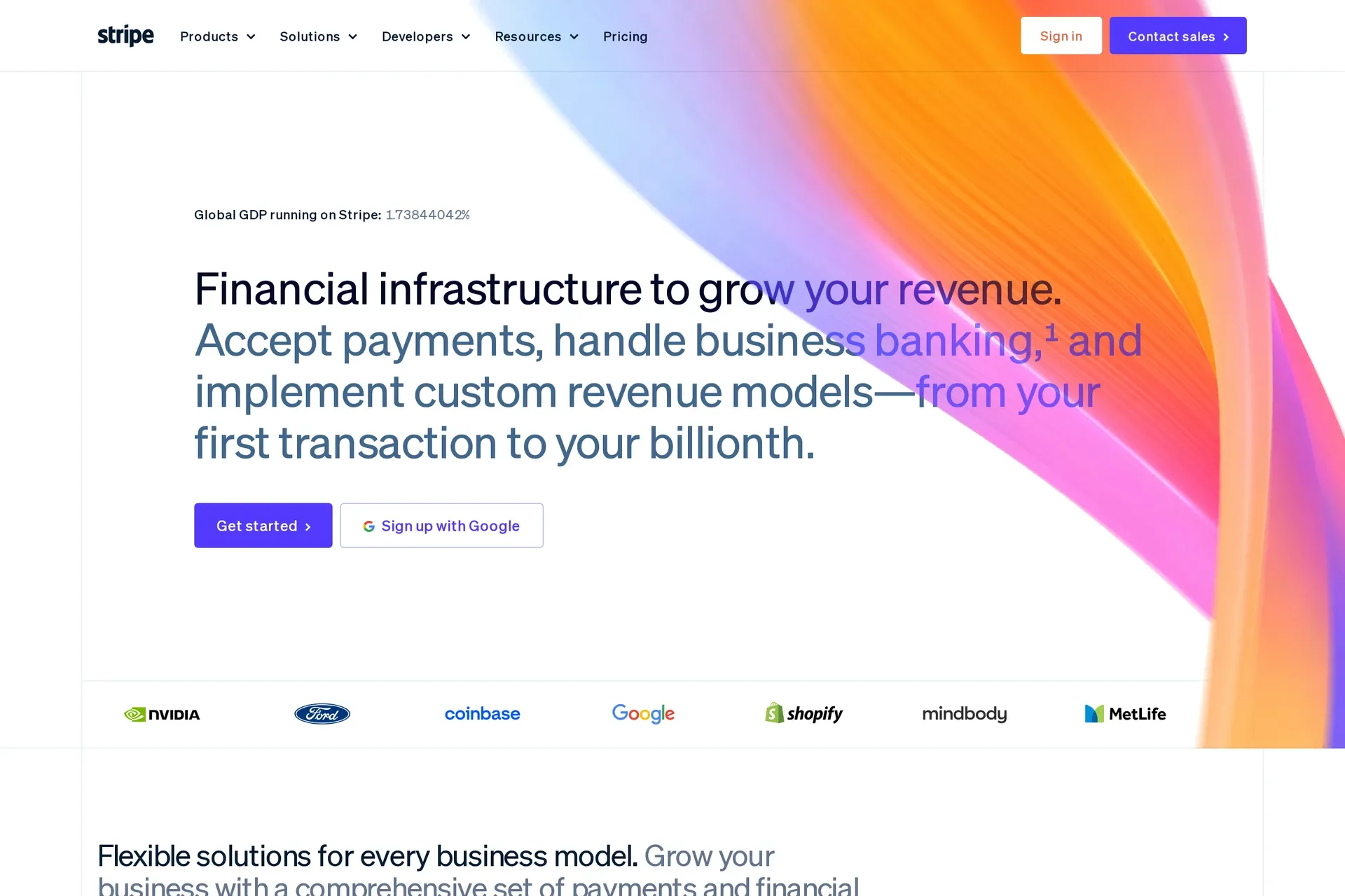 Stripe homepage: "Financial infrastructure to grow your revenue" headline, Get started and Sign up with Google buttons, and customer logos
