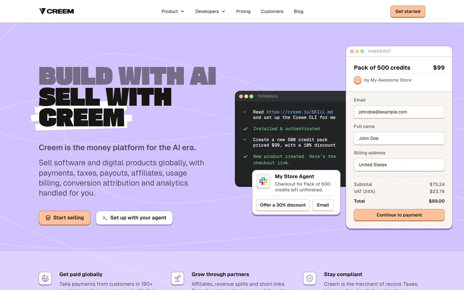 Creem homepage: build with AI, sell with Creem