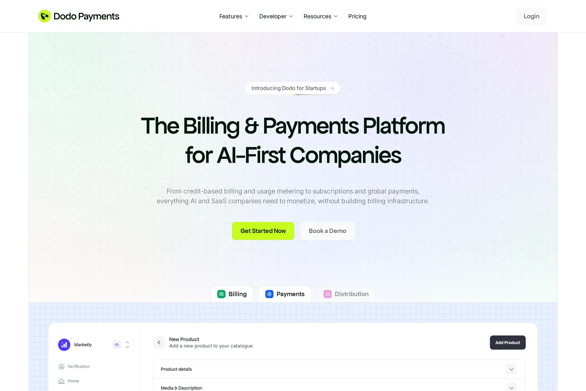 Dodo Payments homepage: billing and payments platform for AI-first companies, with usage metering and subscriptions