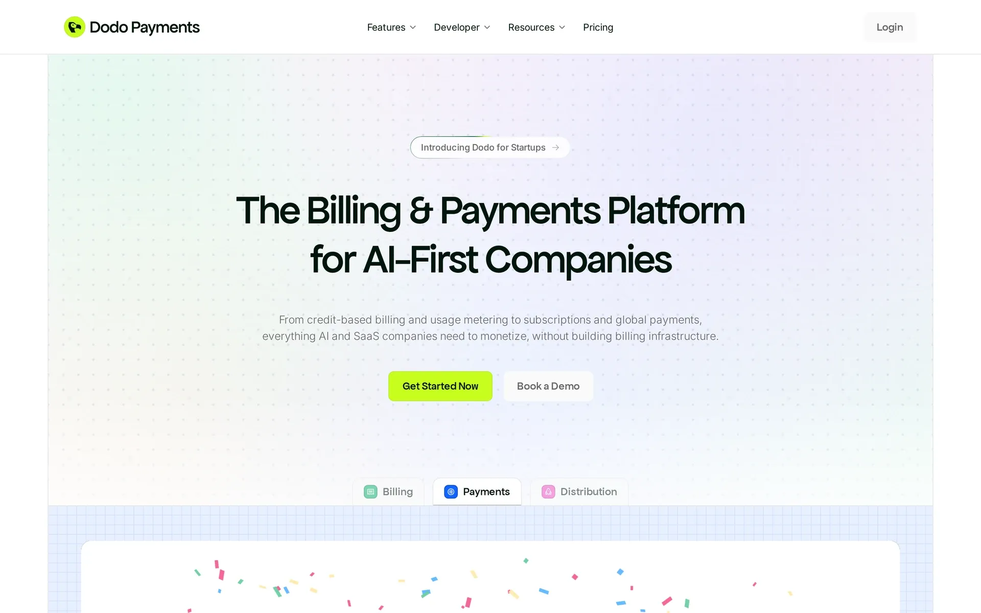Dodo Payments homepage for AI billing, usage metering and global payments