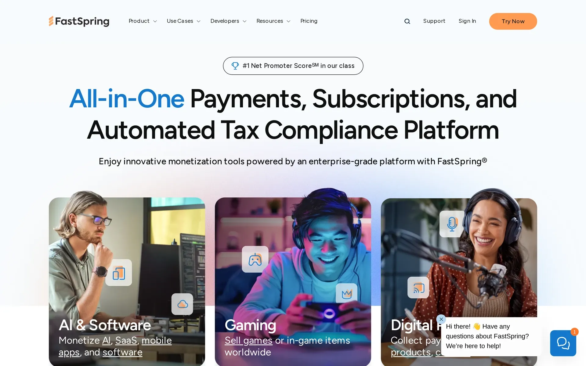 FastSpring payments, subscriptions and automated tax compliance platform homepage
