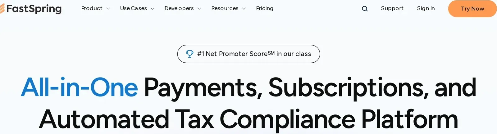 FastSpring homepage for software payments, subscriptions and automated tax compliance