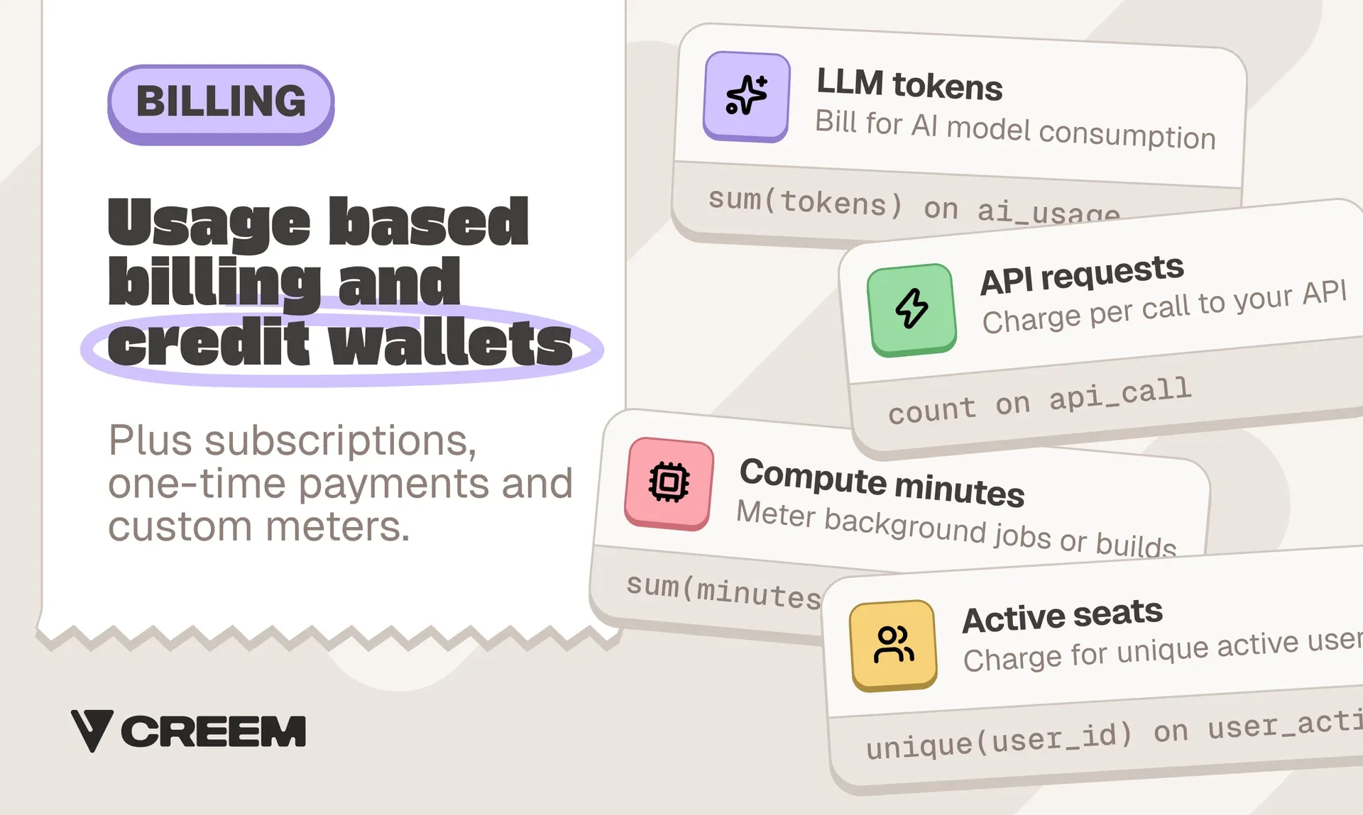 Creem usage-based billing and credit wallets with example meters for tokens, API requests, compute minutes, and active seats.