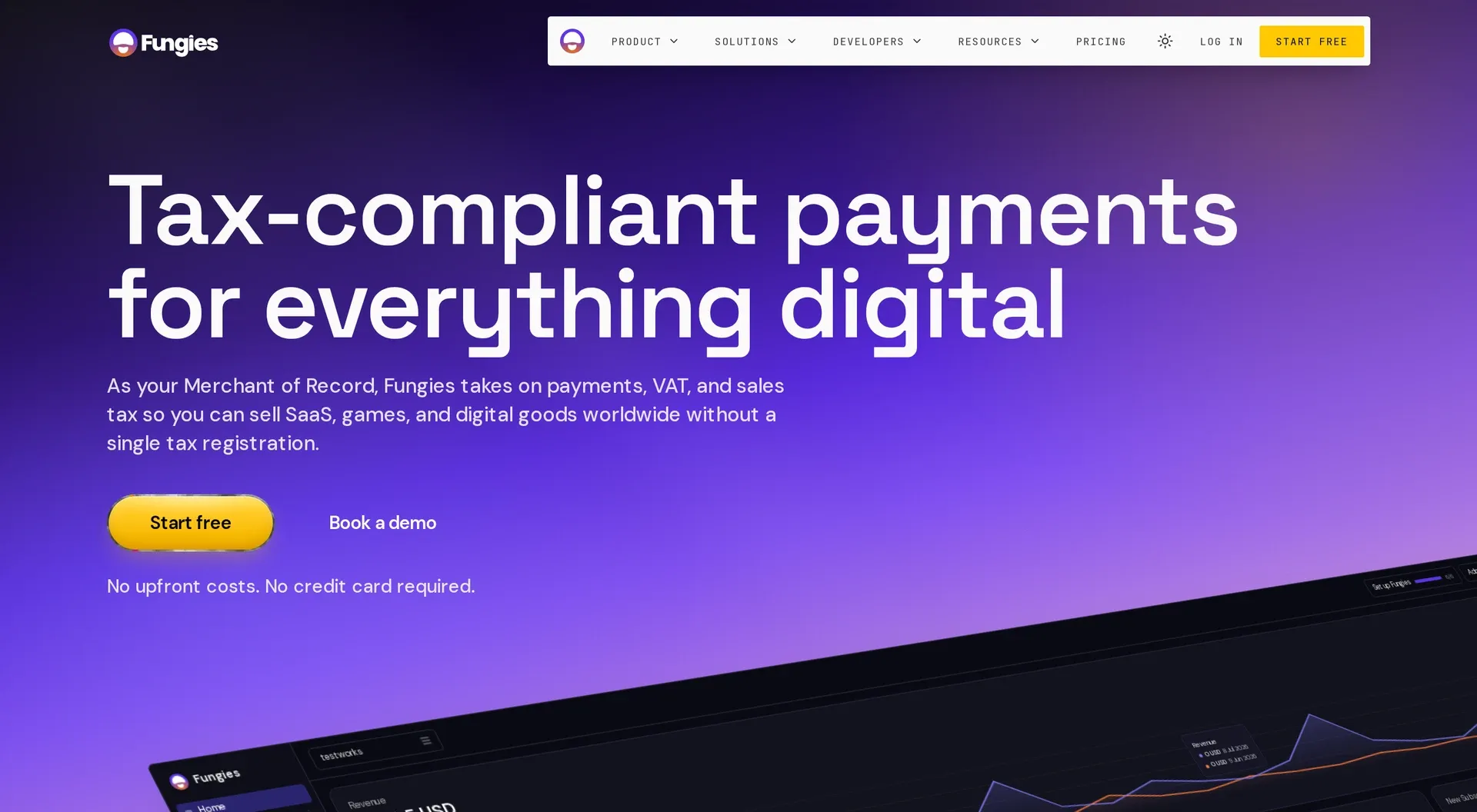 Fungies homepage: merchant of record for SaaS, games and digital goods, handling payments, VAT and sales tax