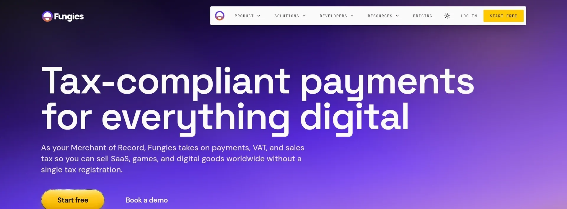 Fungies homepage for tax-compliant payments on SaaS, games and digital goods