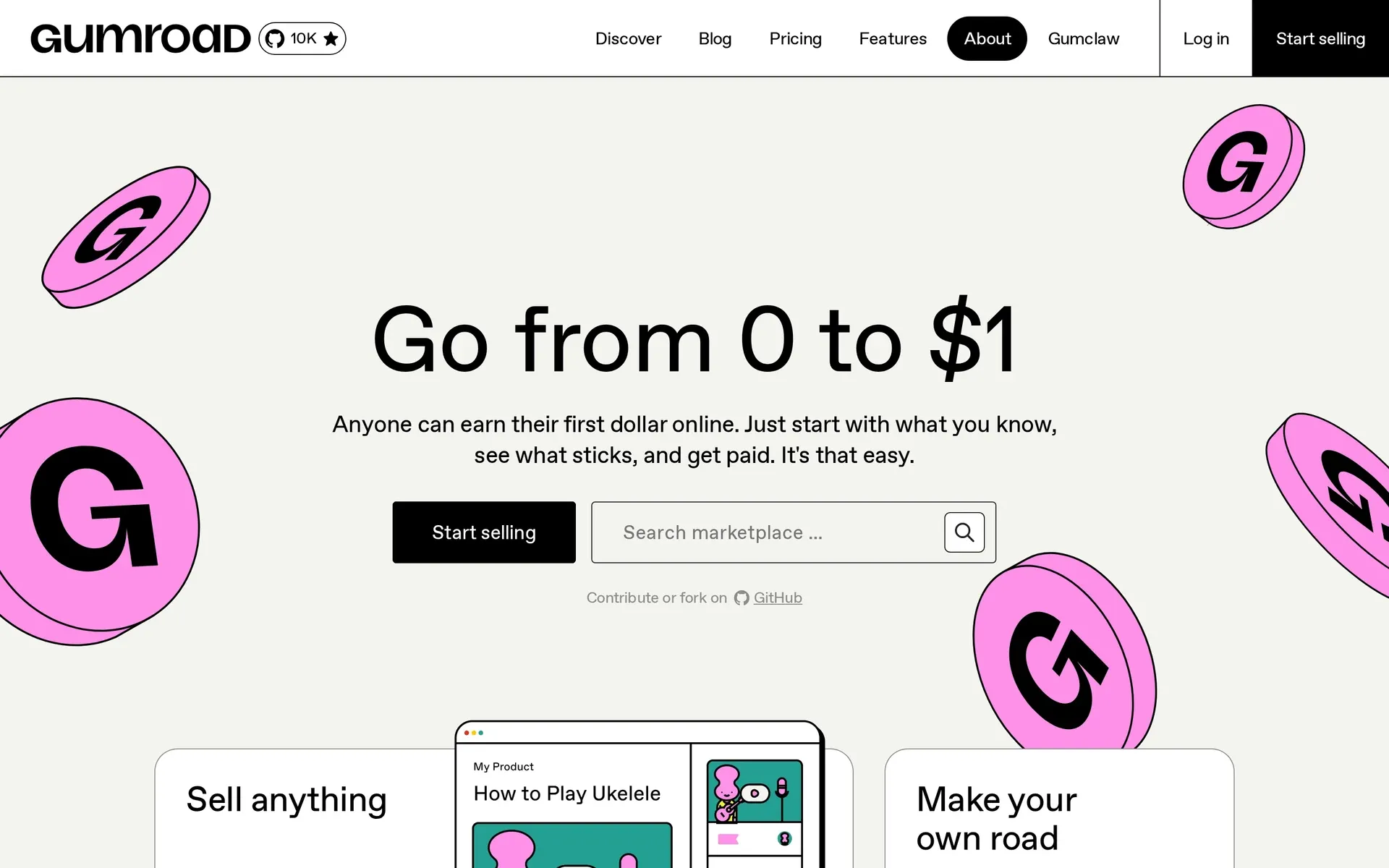 Gumroad homepage with digital-product selling and marketplace search options