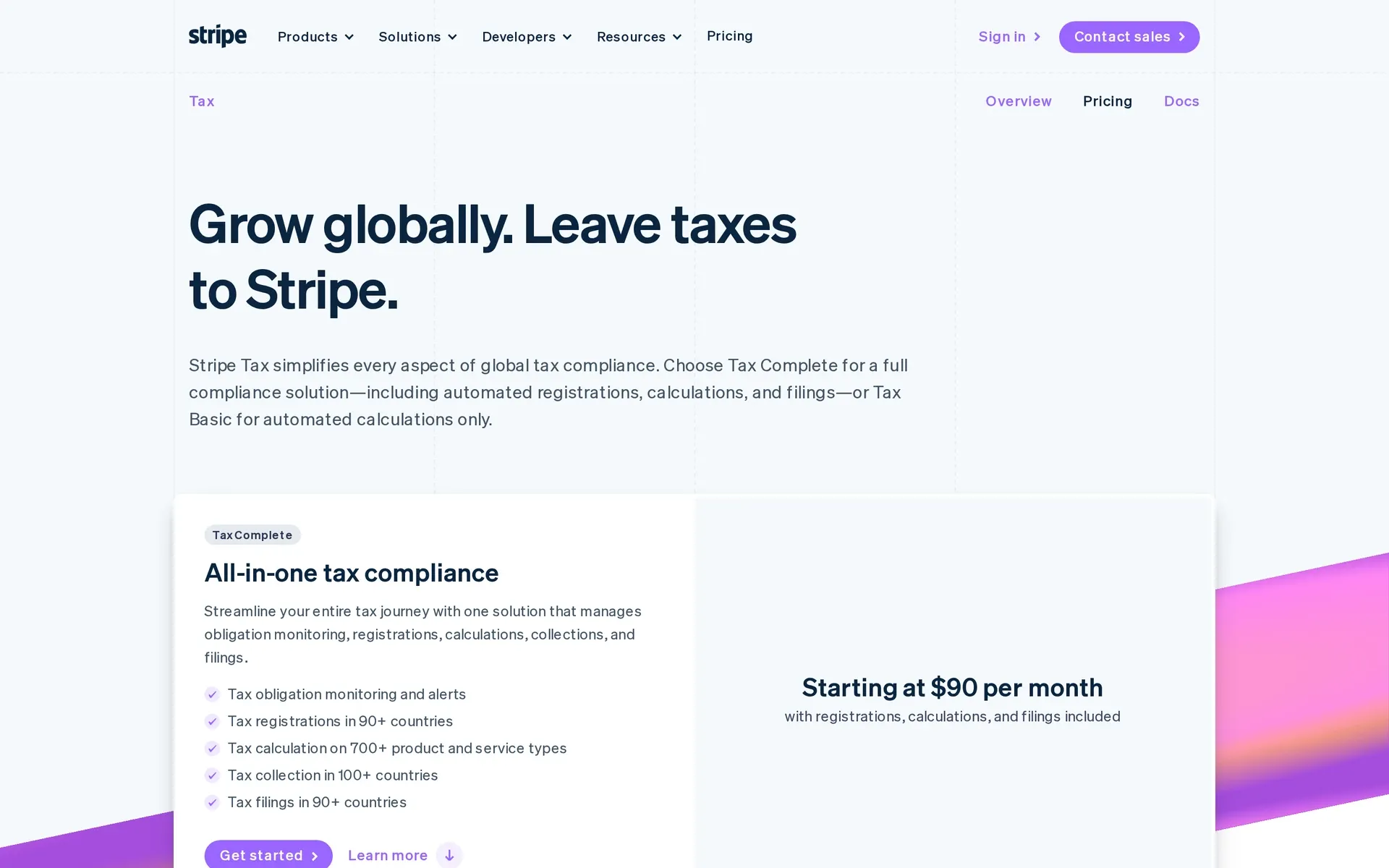 Stripe Tax pricing page: Tax Complete starts at $90 per month, with registrations, calculations, and filings included