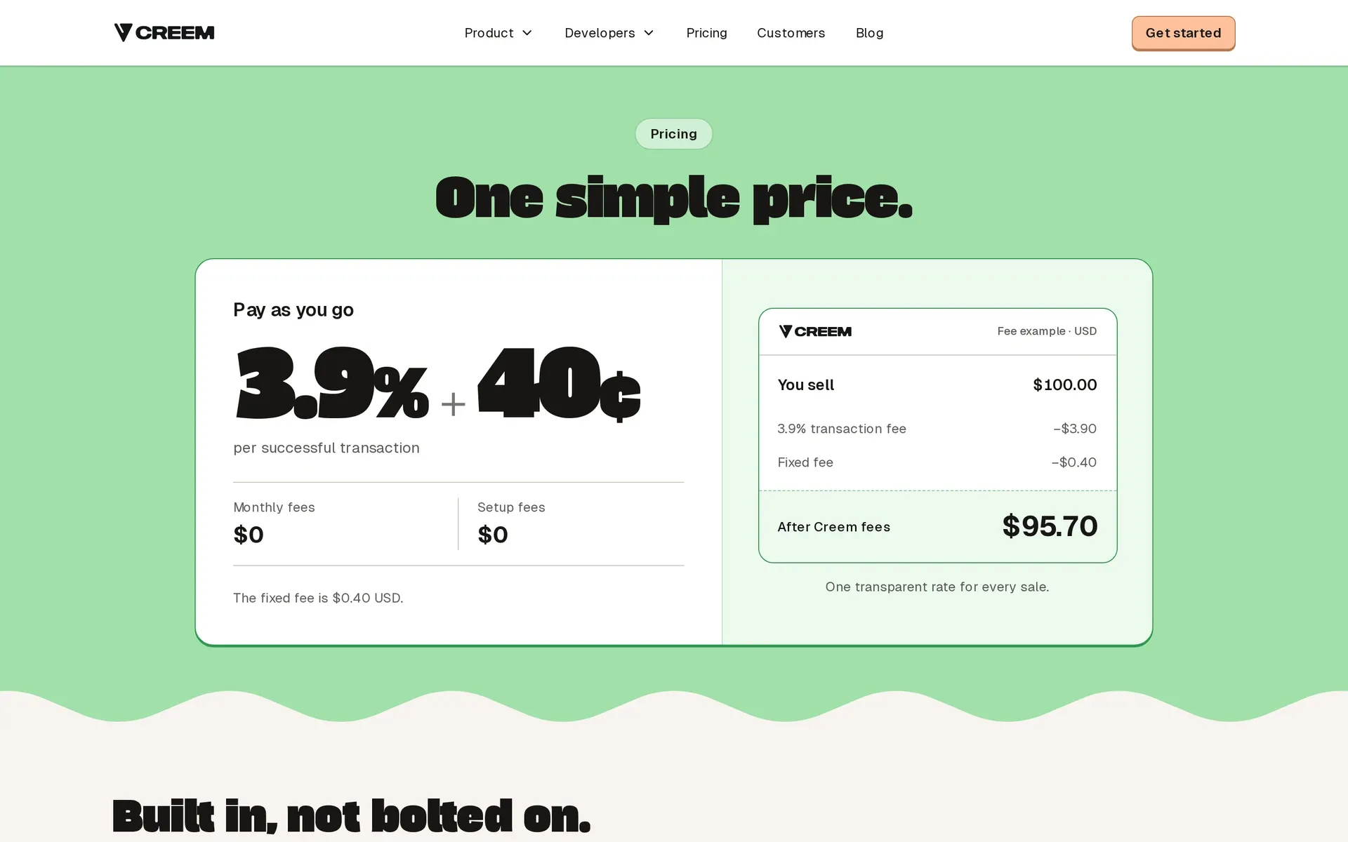 Creem pricing page: 3.9% + 40¢ per successful transaction, $0 monthly and setup fees, and a $100 sale netting $95.70