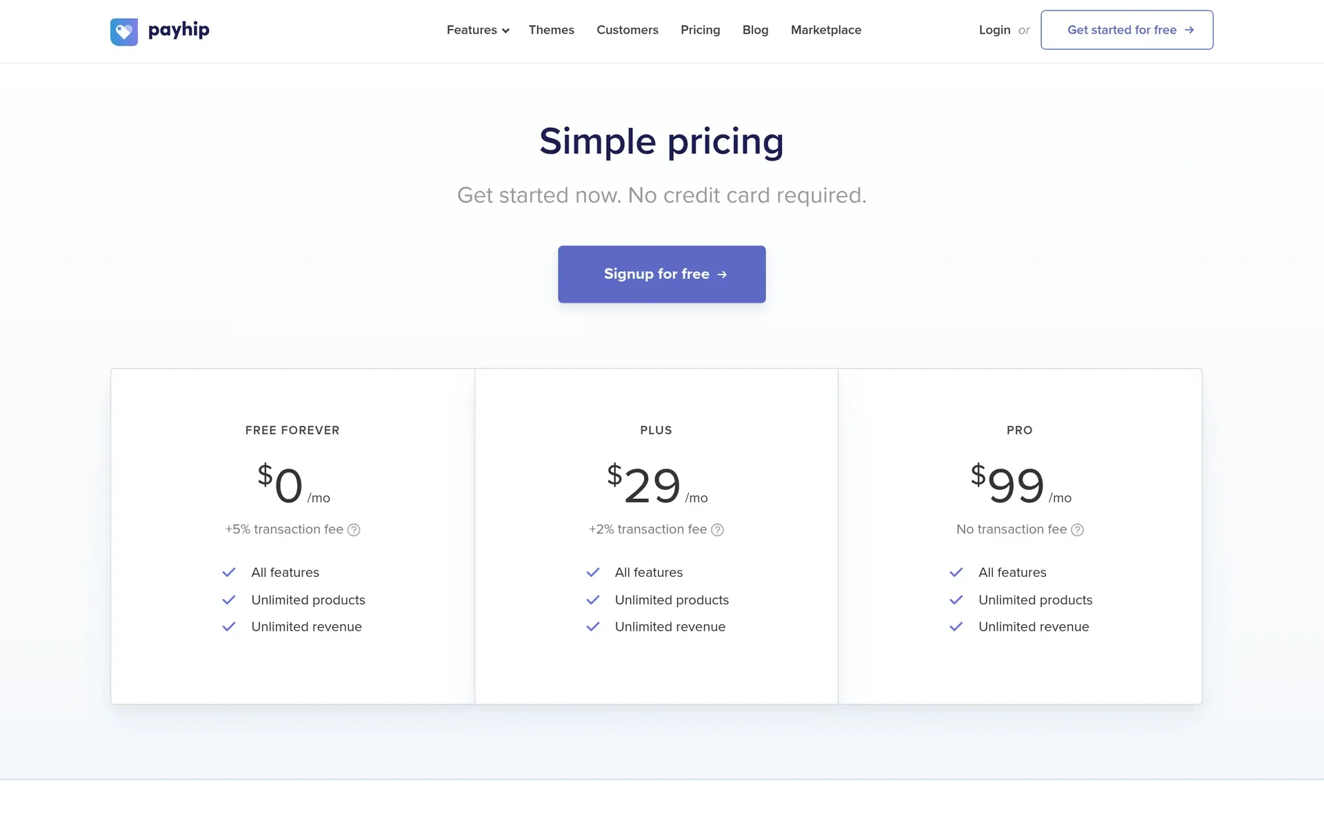 Payhip pricing page: Free Forever $0/mo +5% transaction fee, Plus $29/mo +2%, and Pro $99/mo with no transaction fee