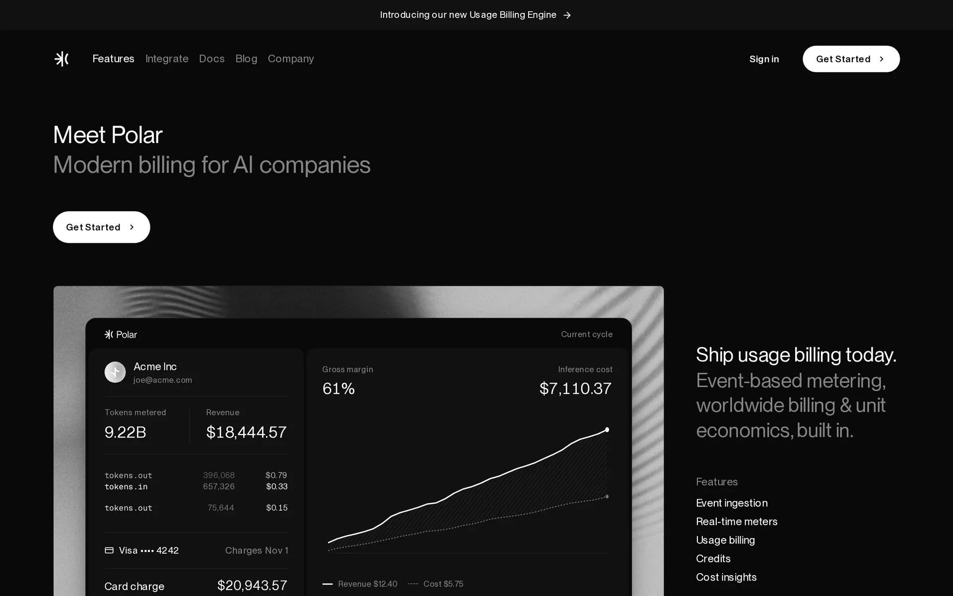 Polar homepage: “Modern billing for AI companies,” with a usage billing dashboard preview and feature list