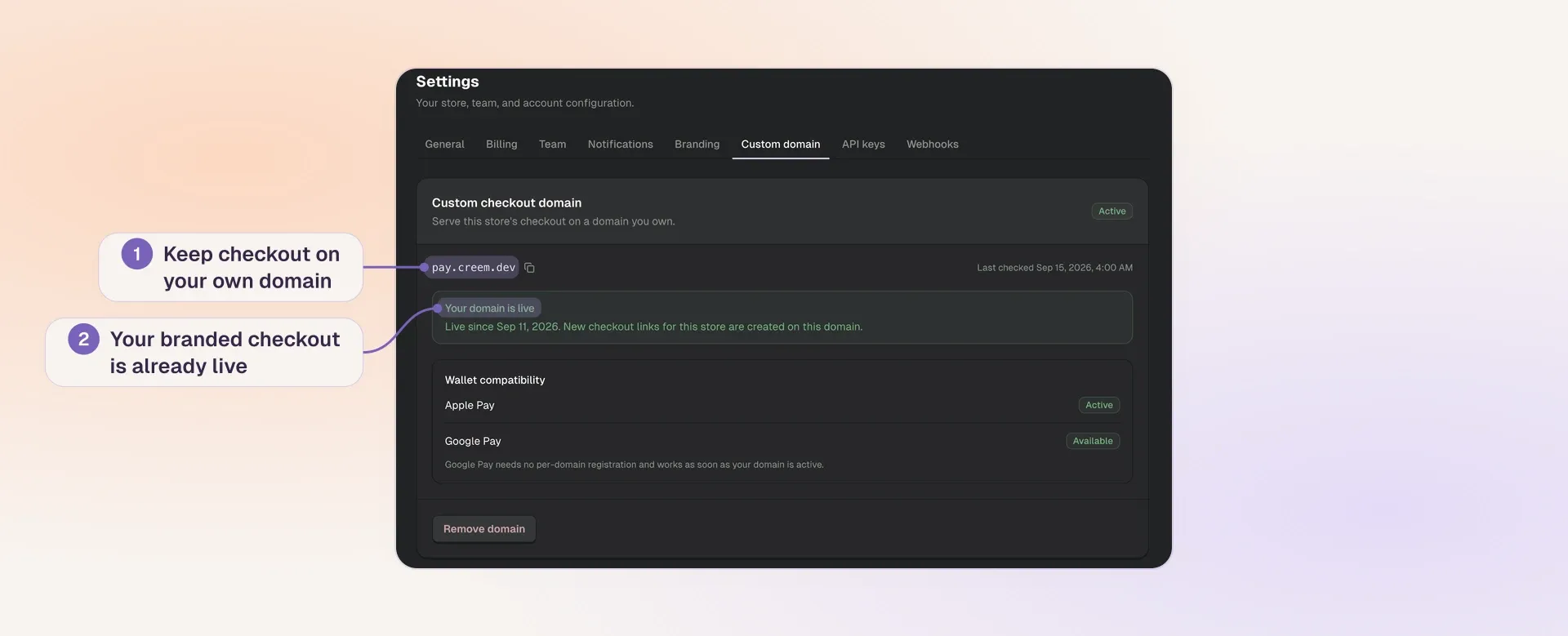 Creem custom checkout domain settings showing a live domain, Apple Pay active and Google Pay available