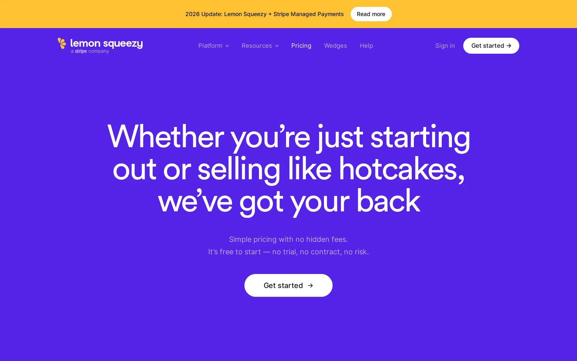 Lemon Squeezy pricing page, branded as a Stripe company, with a 2026 Stripe Managed Payments notice