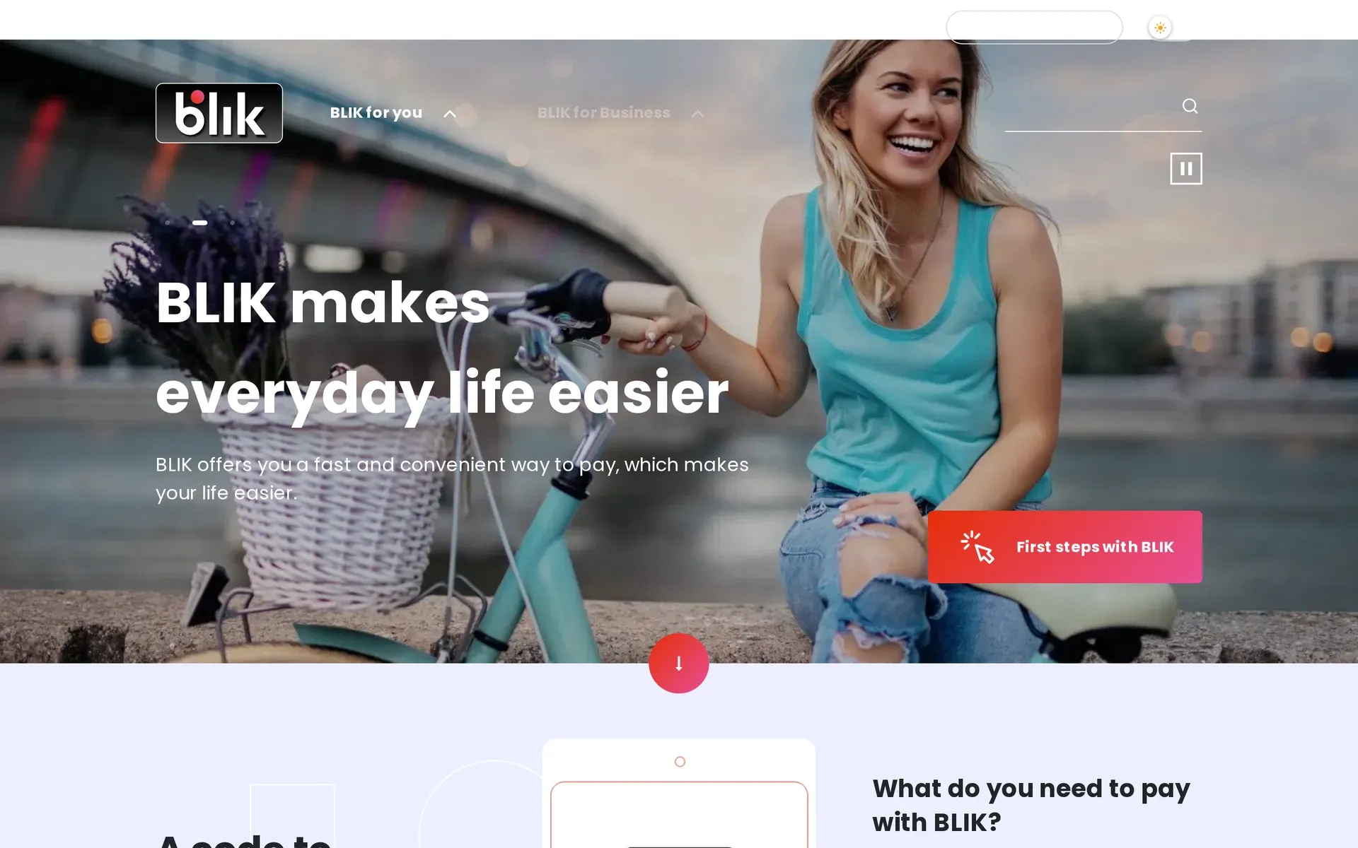 BLIK homepage: “BLIK makes everyday life easier” beside a smiling woman with a bicycle