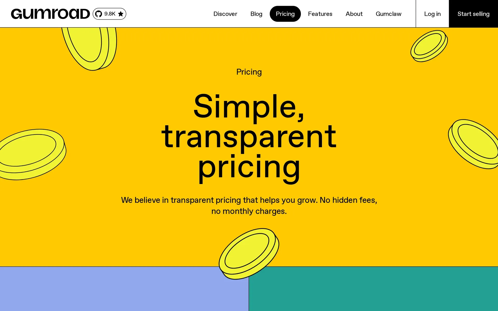 Gumroad pricing page headed Simple, transparent pricing