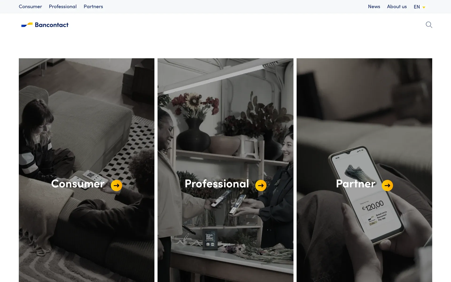 Bancontact homepage: Consumer, Professional and Partner panels with photos of people using smartphones