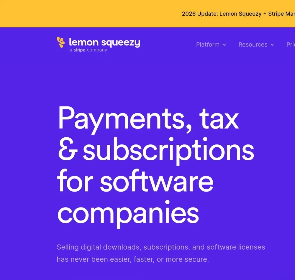 Lemon Squeezy homepage for software payments, tax and subscriptions