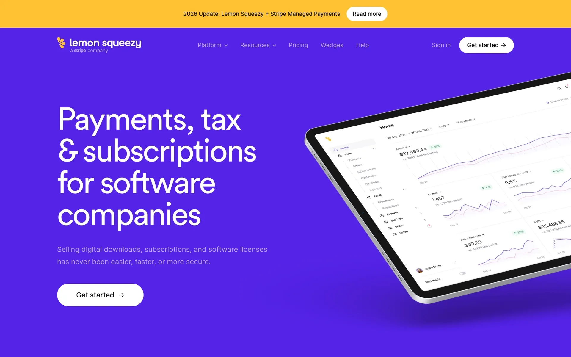 Lemon Squeezy homepage with its store dashboard: payments, tax and subscriptions for software companies