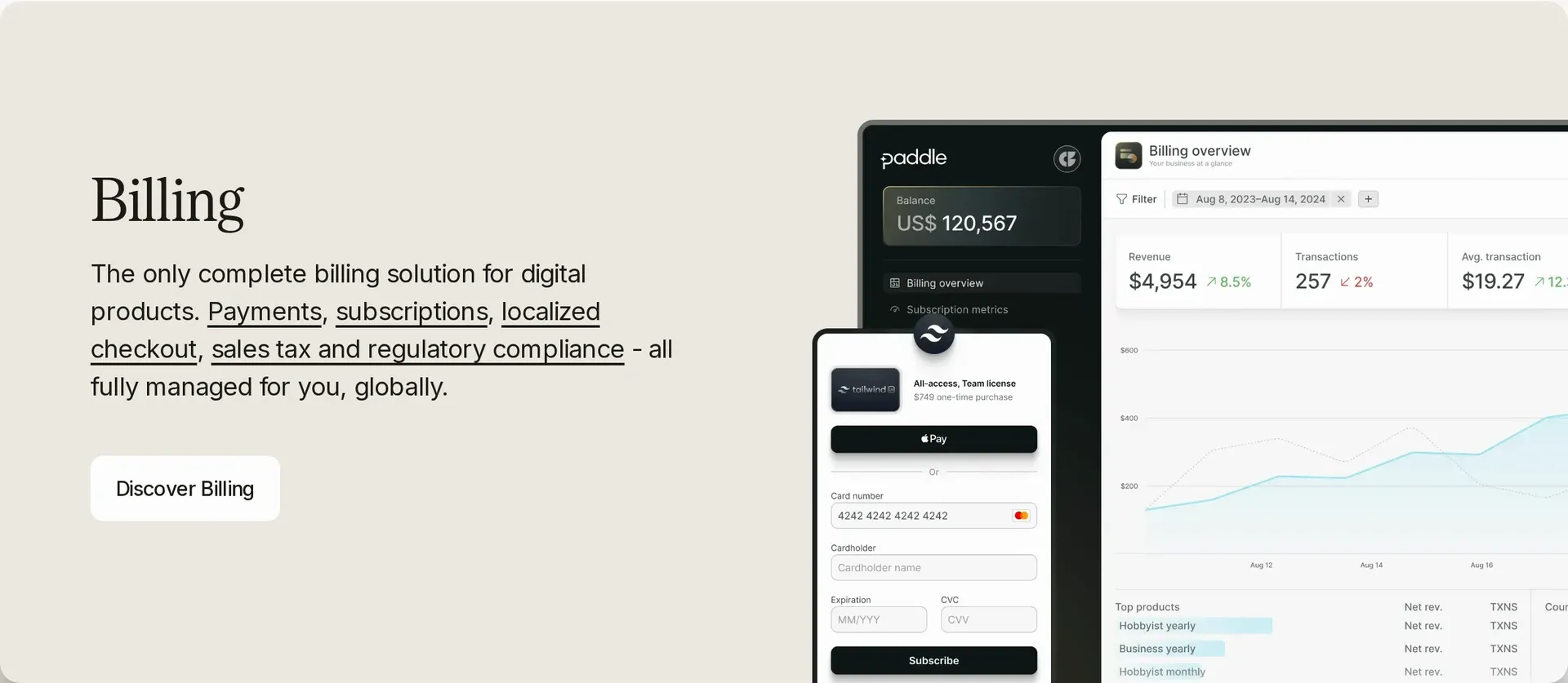 Paddle Billing dashboard and checkout for digital-product payments and subscriptions