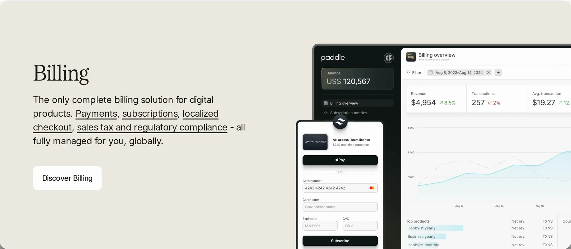 Paddle subscription billing dashboard and checkout for software purchases