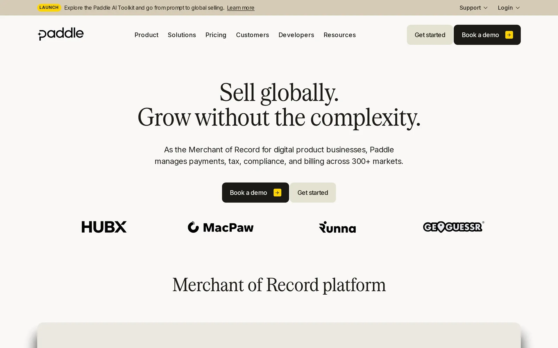 Paddle merchant-of-record homepage for global software payments, tax, compliance and billing
