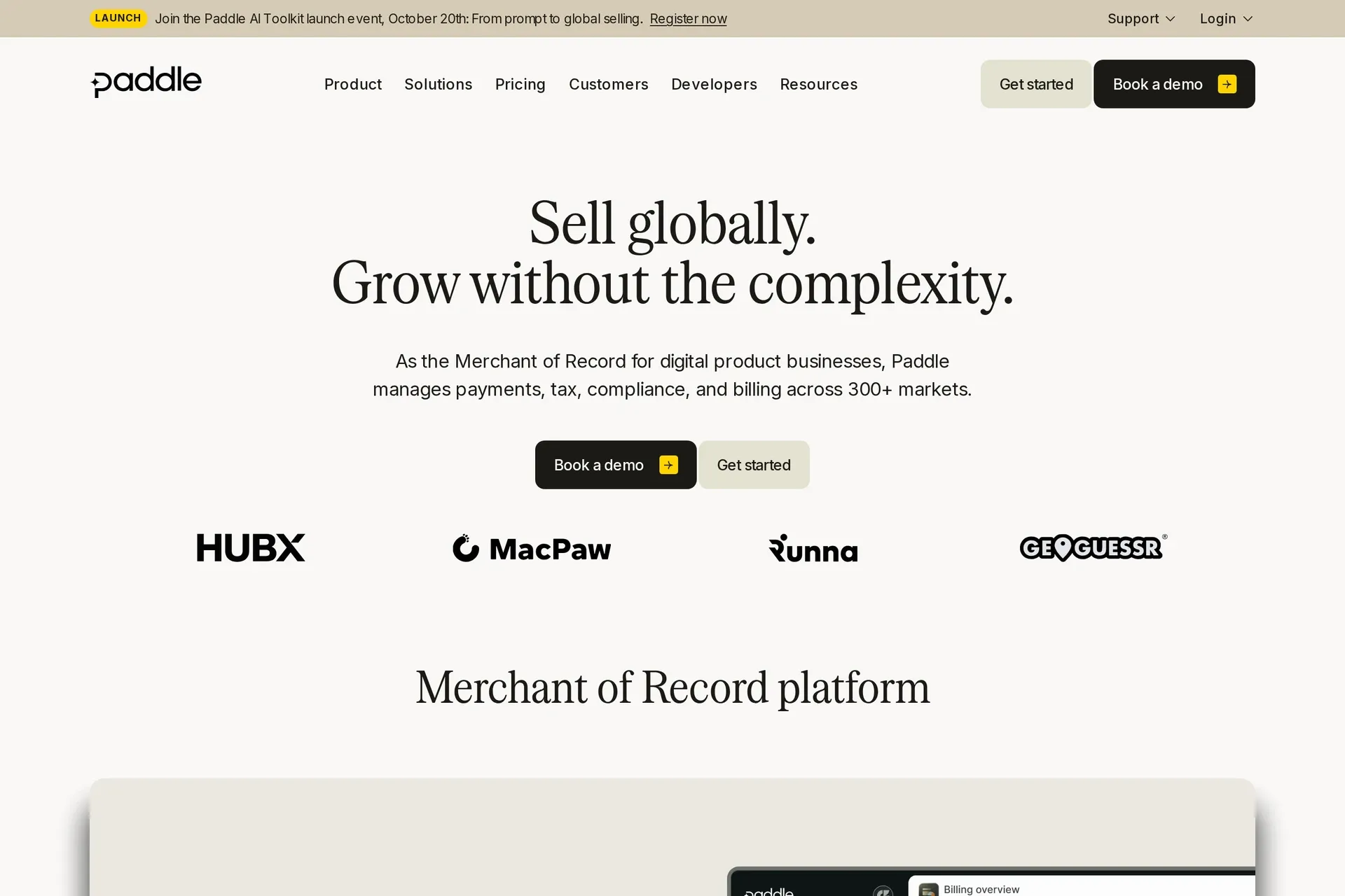 Paddle homepage: merchant of record for digital product businesses, handling payments, tax, compliance and billing