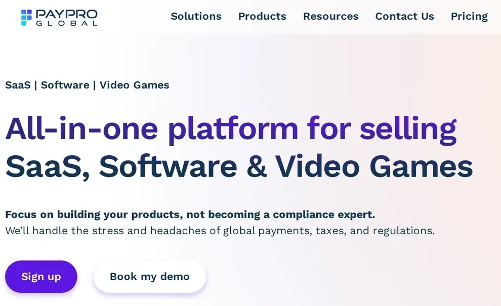 PayPro Global homepage for selling SaaS, software and video games worldwide