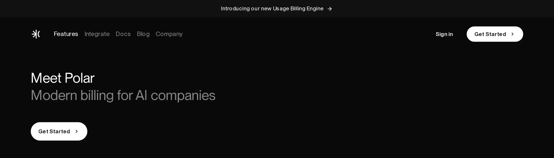 Polar homepage introducing modern billing for AI companies and its usage billing engine