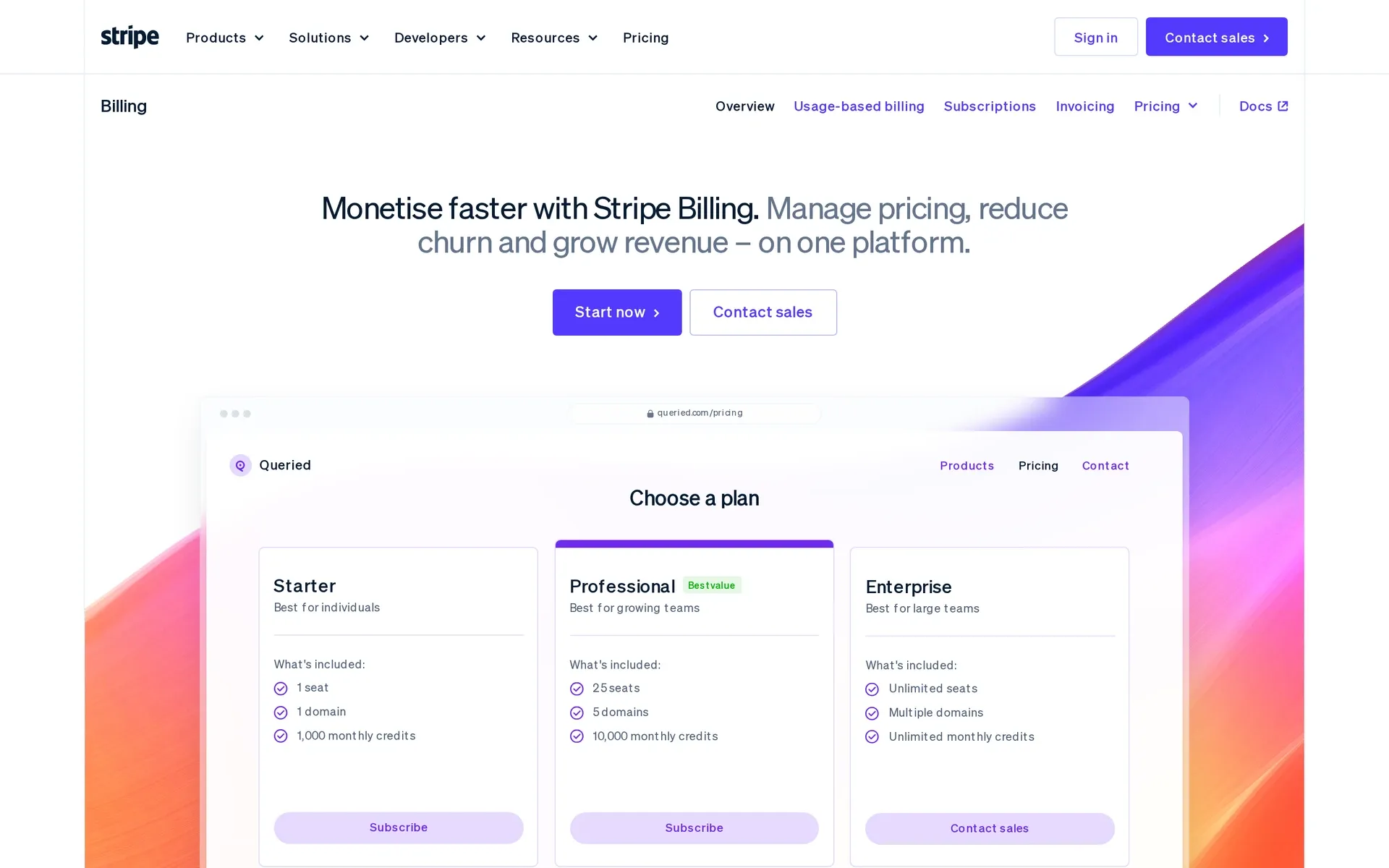 Stripe Billing subscription management with separate Payments and Tax services