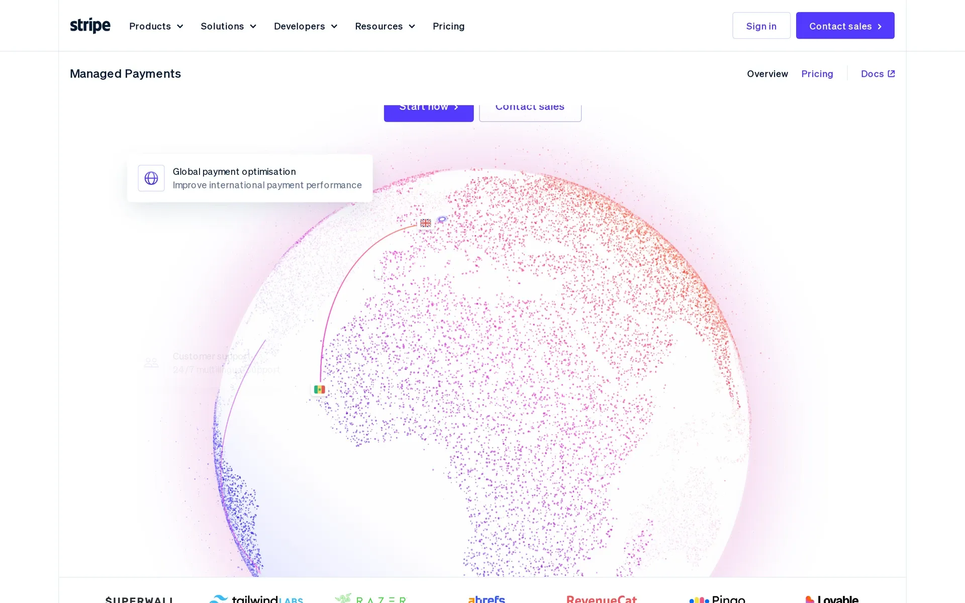 Stripe Managed Payments product page for international payment performance and merchant-of-record services