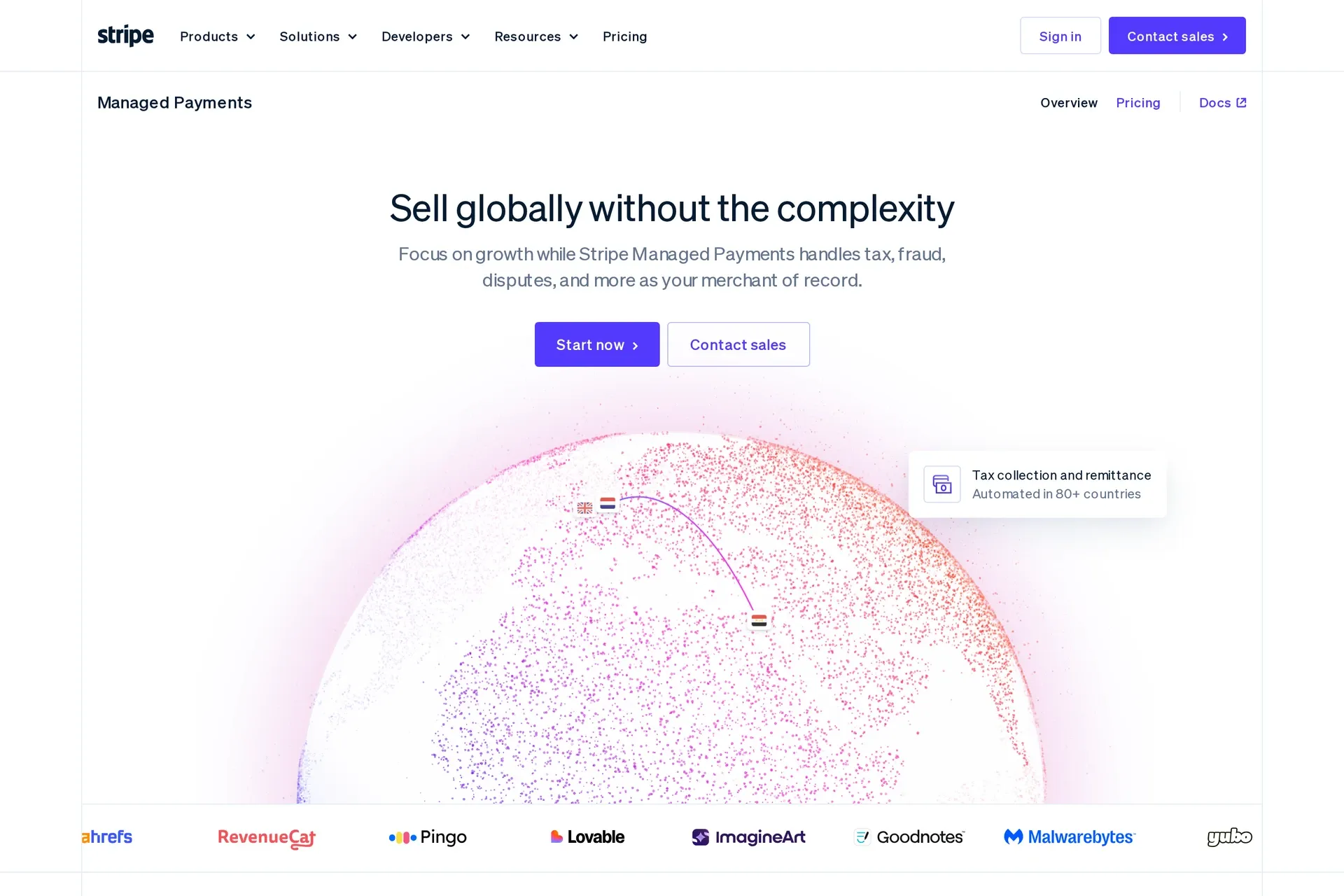 Stripe Managed Payments page: Stripe as merchant of record, with tax collection and remittance automated in 80+ countries